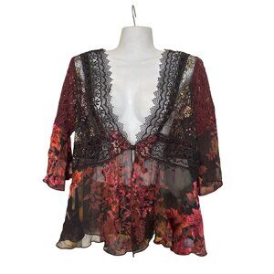 Womens Spencer Alexis Kimono Top Jacket Art 2 Wear Mixed Fabrics Lace Silk Fairy
